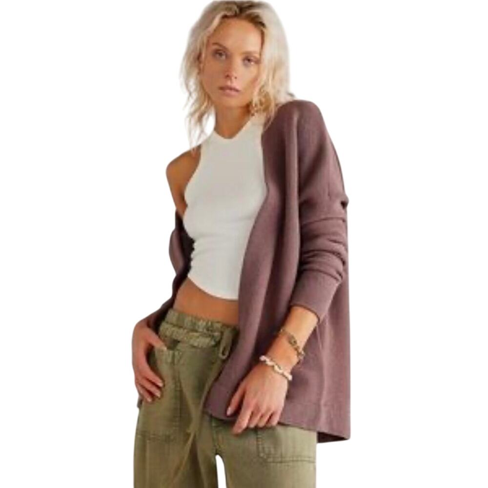 Free People Women Ottoman Slouchy Ribbed Cardigan Sweater Oversized Brown SZ XS